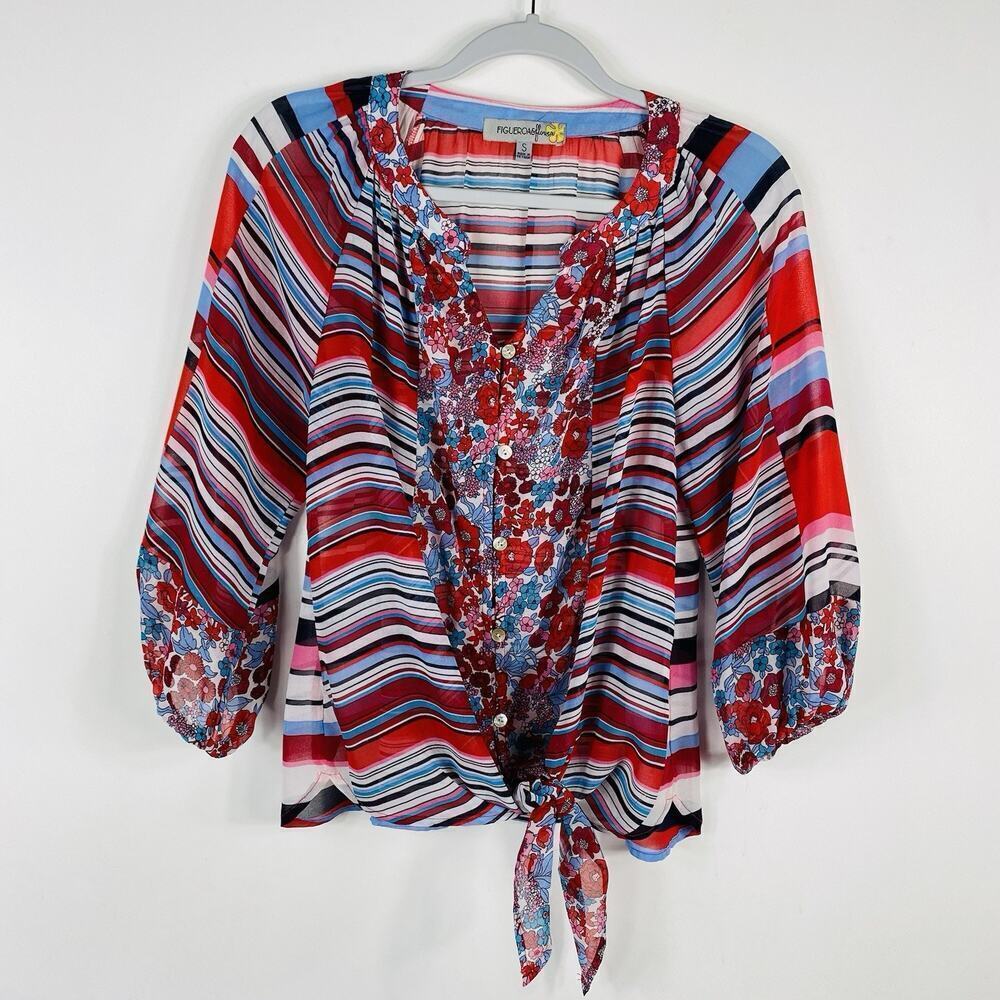 Figueroa & Flower Size Small Floral Striped Tie Front Blouse Top Red
